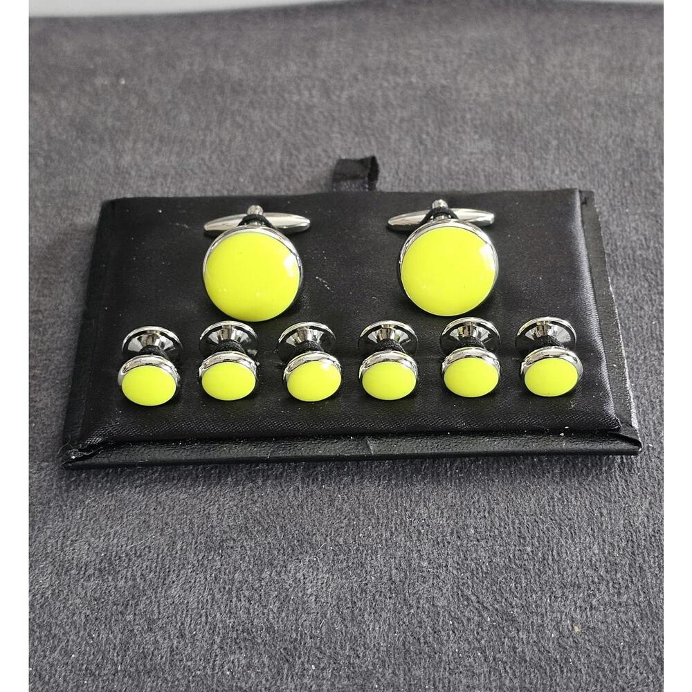 Silver Tone And Bright Yellow Cufflinks And Button Studs